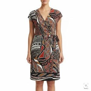 Cato Abstract Pattern Wrap Dress in Rust, Black and Cream